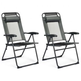 2 Pieces Patio Adjustable Folding Recliner Chairs with 7 Level Adjustable Backrest (Color: GRAY)